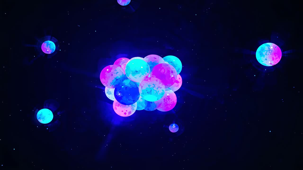 Shifting orb cluster rotating, approaching lens in void, brightening cyan-magenta glow, tiny orb