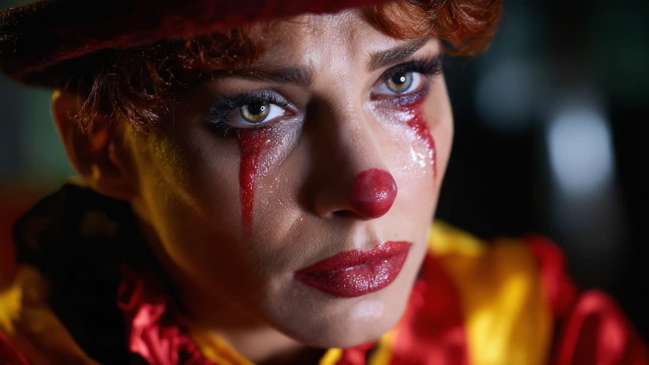 A Somber Clown: Capturing the Emotional Depth of a Clown's Expression with Distinctive Makeup Features and Colorful Costume in a Dramatic Scene