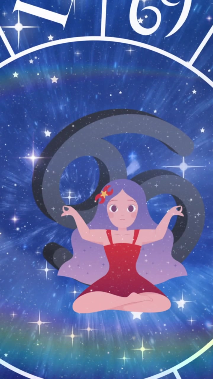 Animazione di una ruota dello zodiaco che gira con il segno del Cancro e stelle