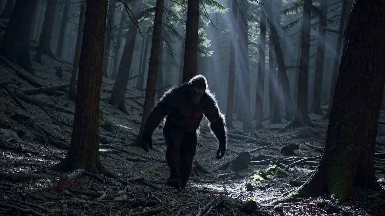 En filmatisk videoscene av en tett skog med ruvende trær, filmet fra lav vinkel.