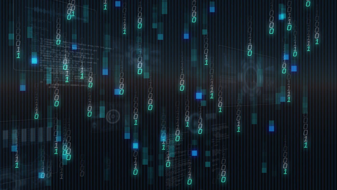Animation of binary coding and data processing over dark background