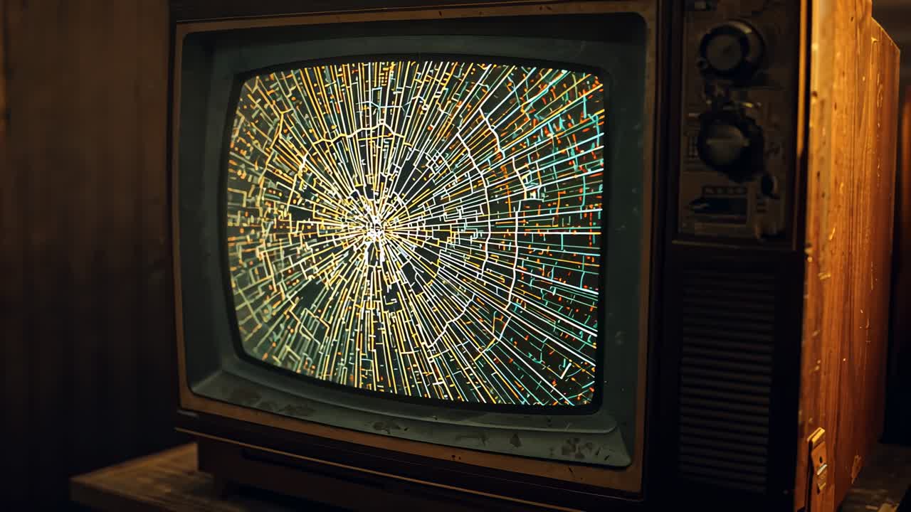 Camera zooming to TV showing pulsing radial circuit in paneled room with wooden stand, rotary knobs