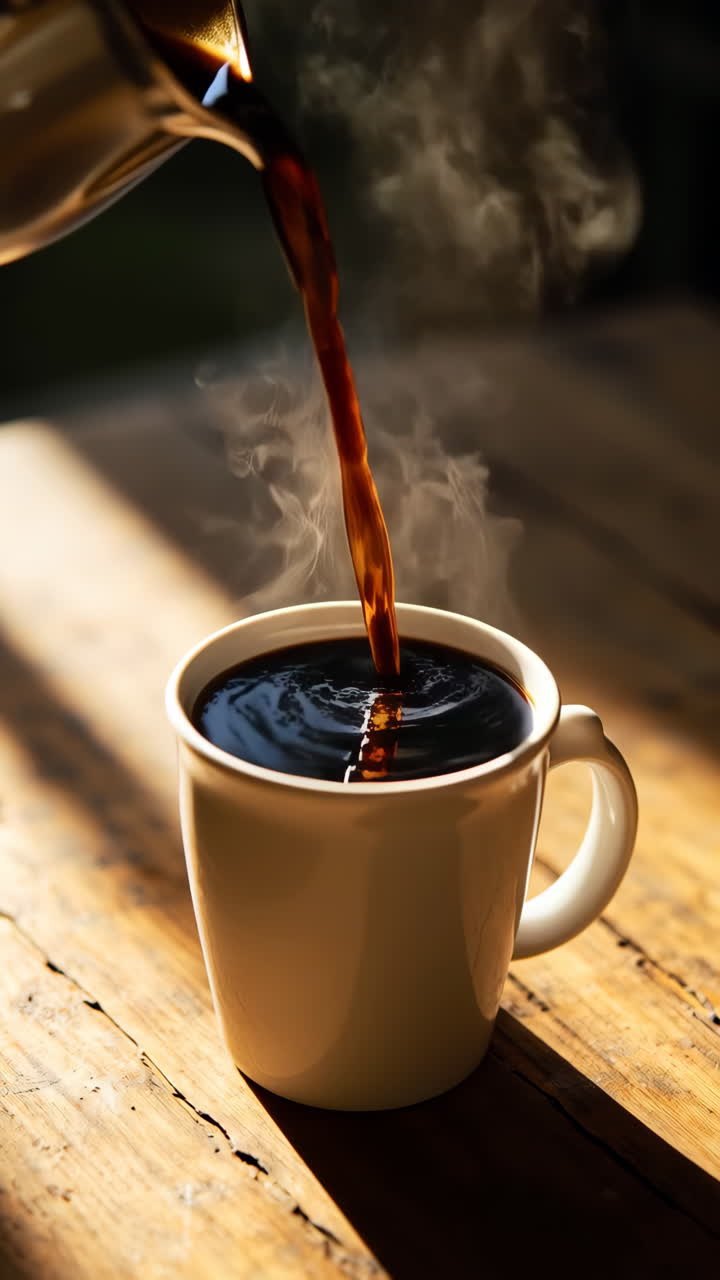 Pouring hot coffee into a mug with steam rising