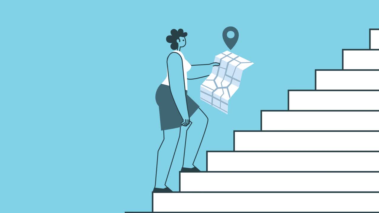 Woman walk up the stairs with GPS Map. Career Growth and Direction Concepts. Flat Design Cartoon Character Isolated Loop 2d Animation