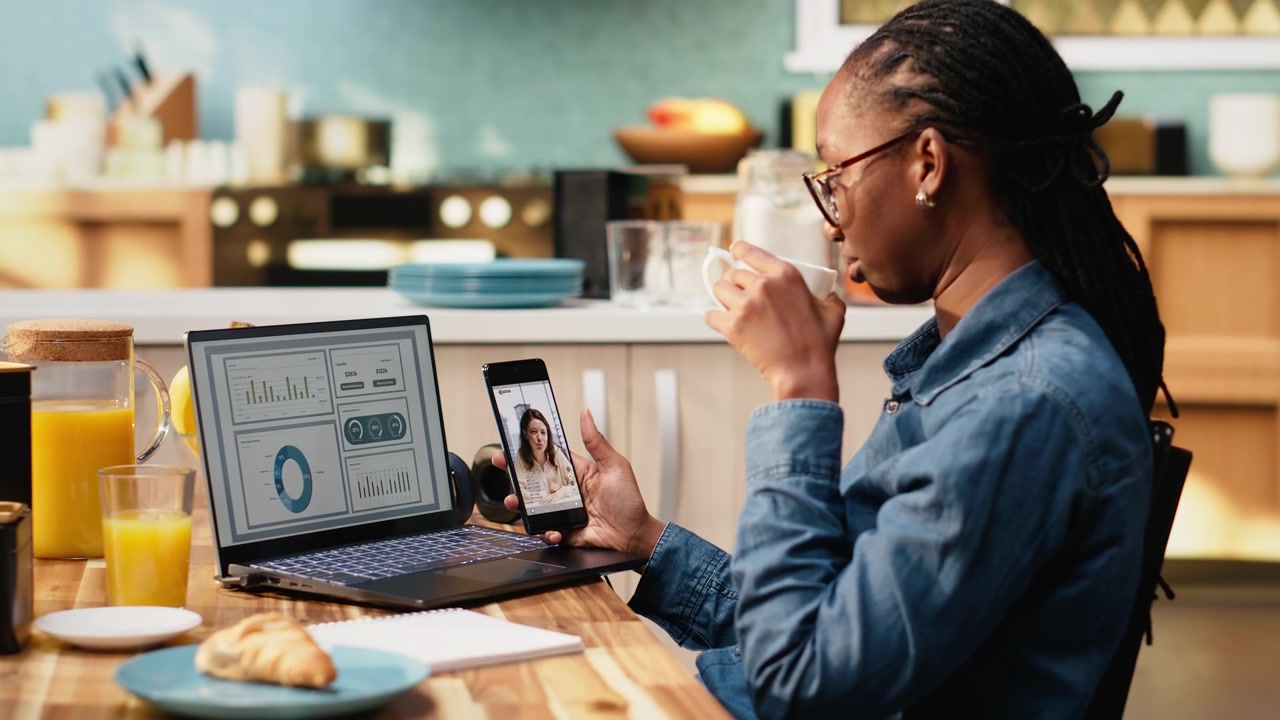 Adult woman doomscrolling short engaging videos and social media on smartphone