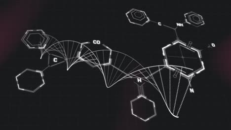 Animation-of-chemical-structures-over-dna-strand-spinning-on-black-background