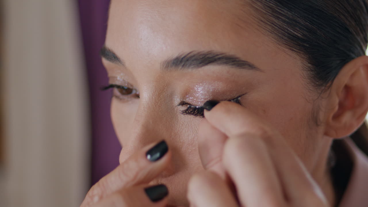 mujer de maquillaje aplicando pestañas en el cuarto de primer plano. cara de dama haciendo el rostro perfecto