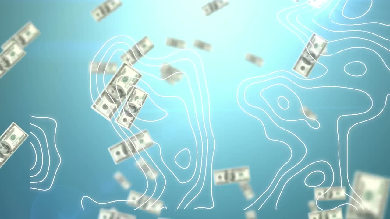 파란색 배경 에 떨어지는  ⁇  줄 과 달러 지폐 의 애니메이션