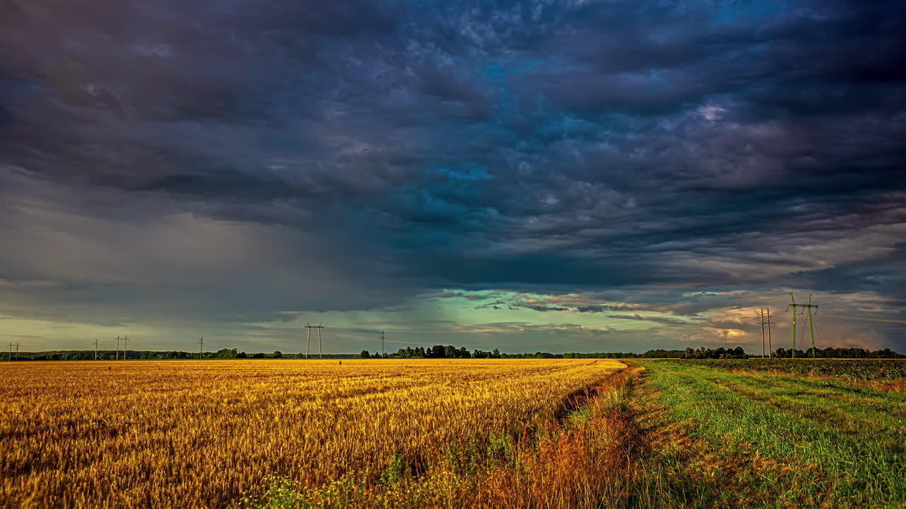 Minacciose nuvole temporalesche grigio-nere diventano verdi mentre si muovono sopra i terreni agricoli