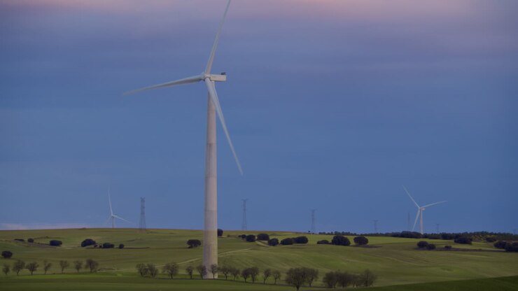 Vindmøllegenerator på en mark i solnedgang.