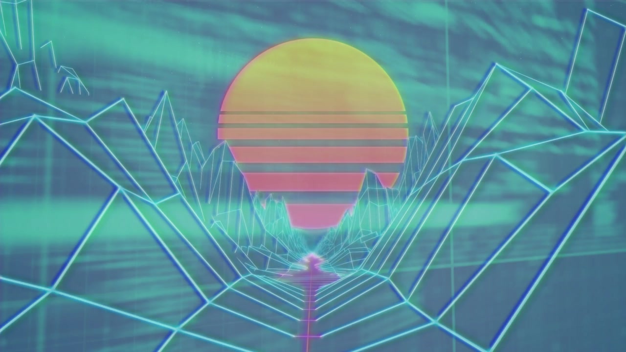 On play camera moving to sun magenta grid pulsing cyan wireframes scrolling code showing data flow
