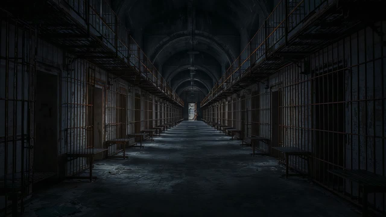 Filming camera starting at entry capturing central hall with barred cells exit light showing decay