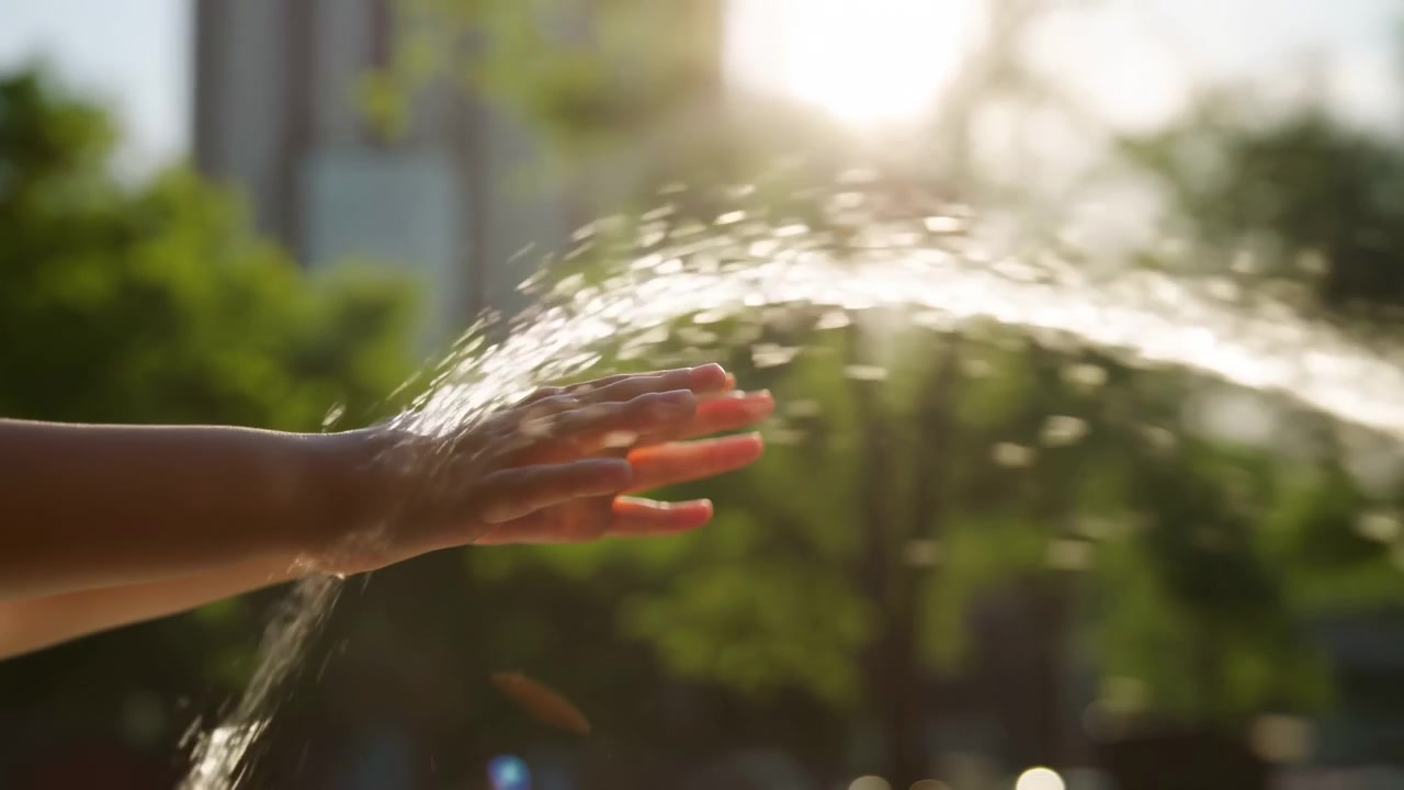 Two outstretched hands intercept arcing water stream from right toward left, palms angled downward with fingers extended, while droplets, splash, warm backlight, and soft outdoor glow create tactile