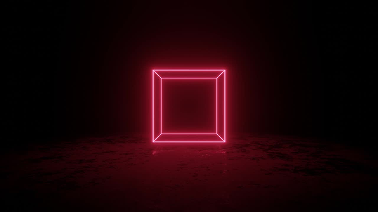 cubo con bordes de neón rosado gira y flota sobre una superficie oscura. simple fondo gráfico de movimiento sin costuras animado