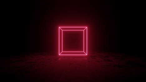 cubo con bordes de neón rosado gira y flota sobre una superficie oscura. simple fondo gráfico de movimiento sin costuras animado