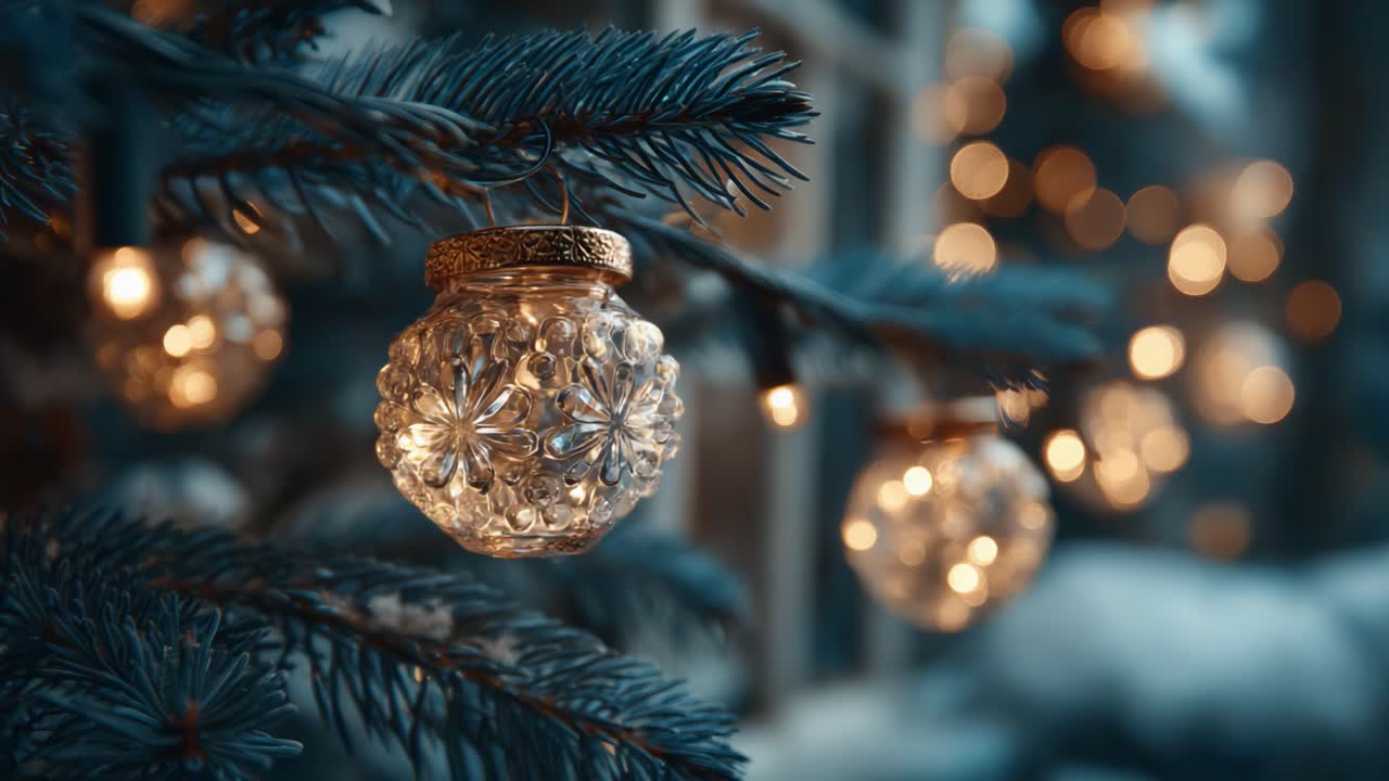 A Beautiful Close-Up of Delicate Glass Ornaments Hanging from a Frosted Christmas Tree with Soft Bokeh Lights in the Background, Creating a Magical Holiday Atmosphere