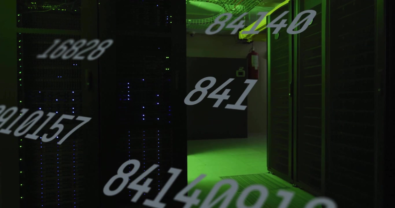 Numeric overlay updating every second in green-lit rack aisle displaying metrics while LEDs pulsing