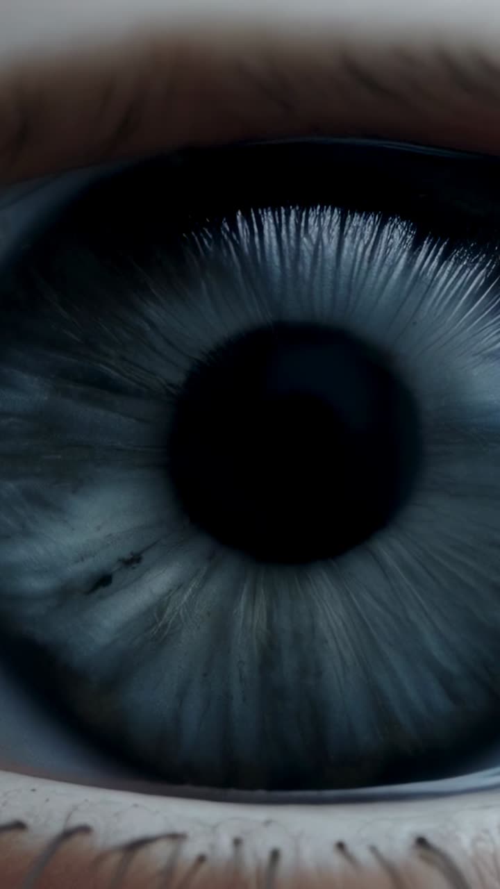 Video verticale: zoom della camera che cattura un singolo occhio umano in un primo piano stretto, mostrando le fibre dell'iride