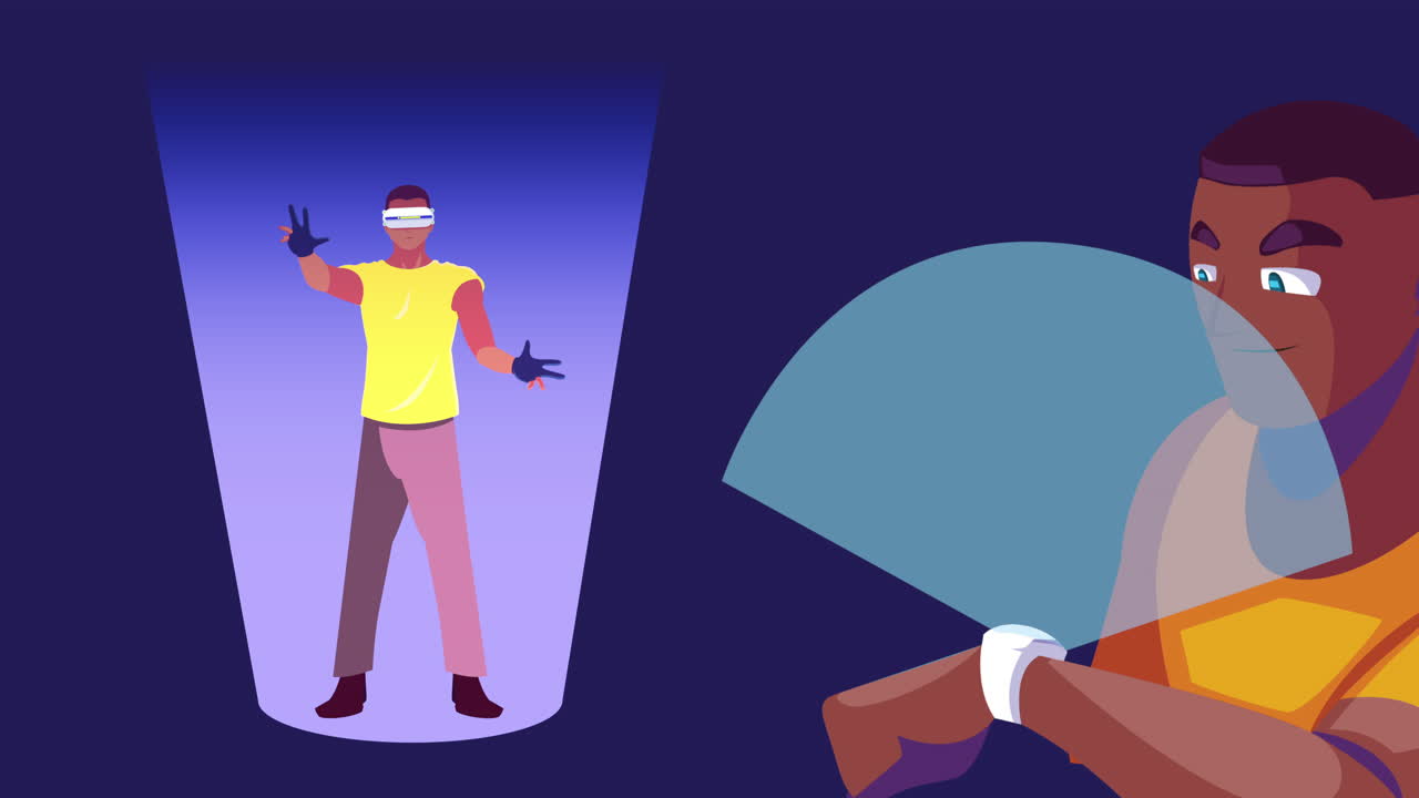 tecnología de realidad virtual con hombres afro usando máscara y reloj inteligente