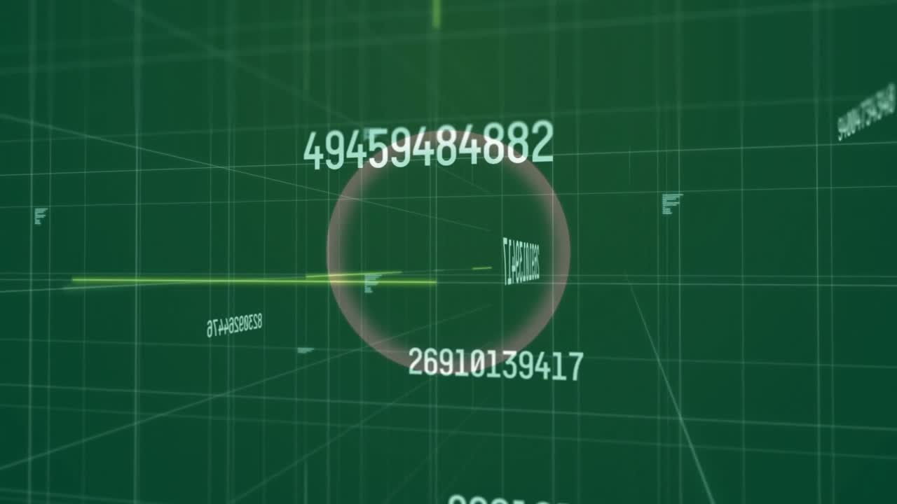 Opening on green grid, red ring floating as numeric IDs updating and growing, scanning data