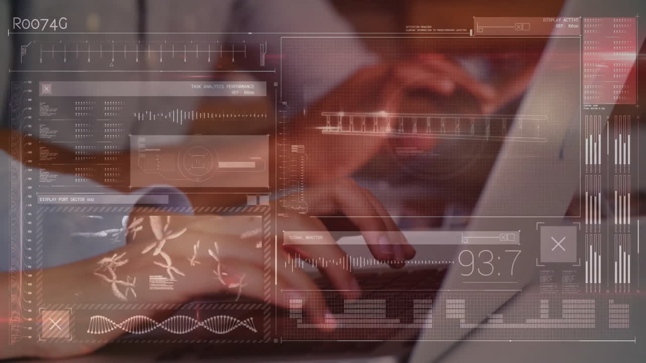 Hands typing on laptop keyboard showing flat UI panels and graphs, recording performance metrics