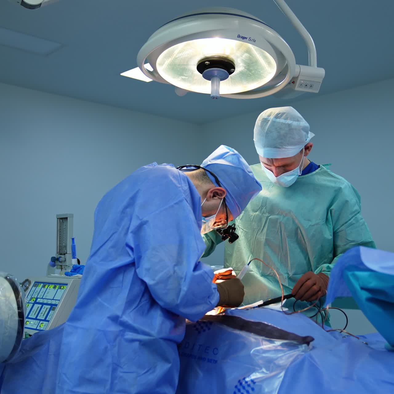 Neurosurgeon uses instruments holding them in both hands. Assistant helping the doctor during operation