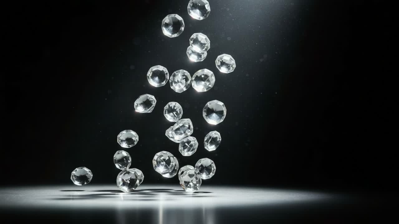 A Captivating Display of Falling Diamonds Captured in Motion, Highlighting Their Sparkle and Brilliance Against a Dark Background