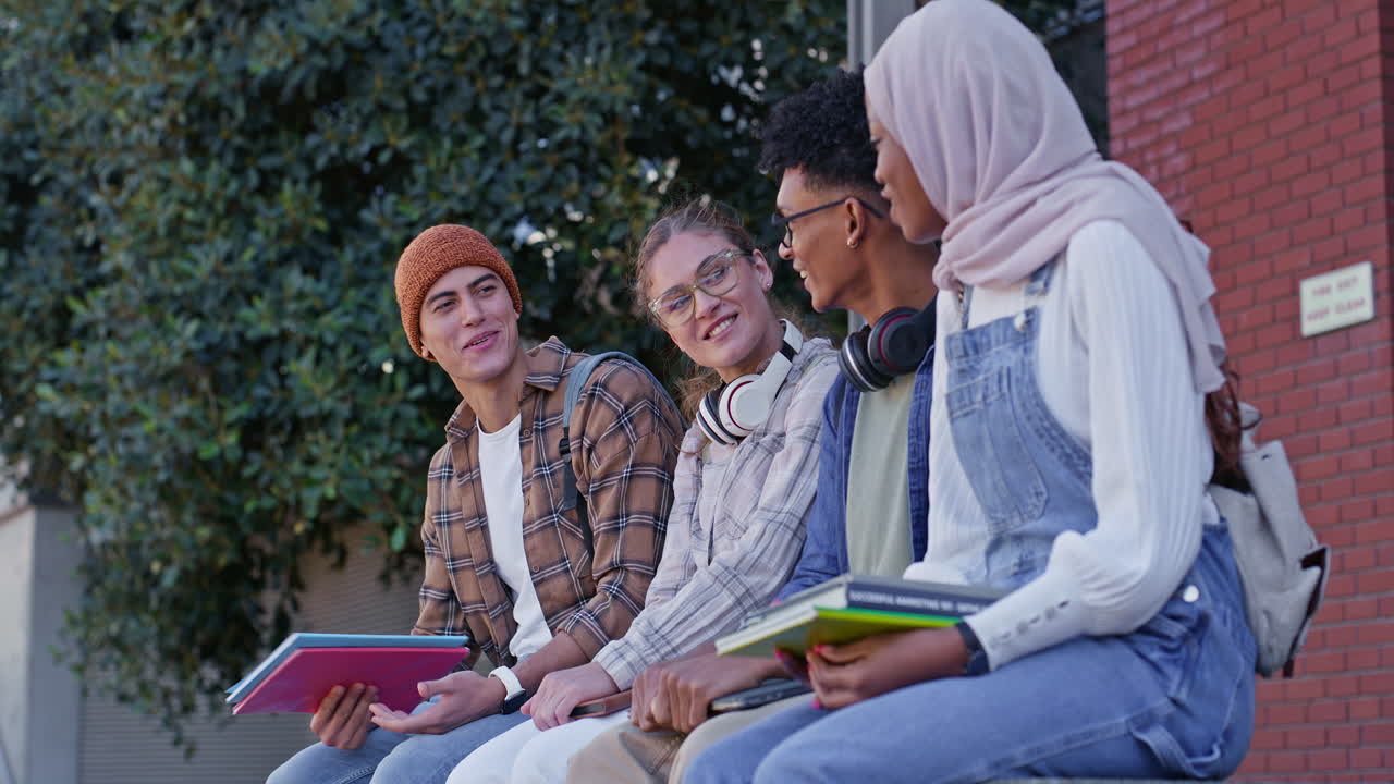 Mangfoldig studentgruppe som sitter og snakker