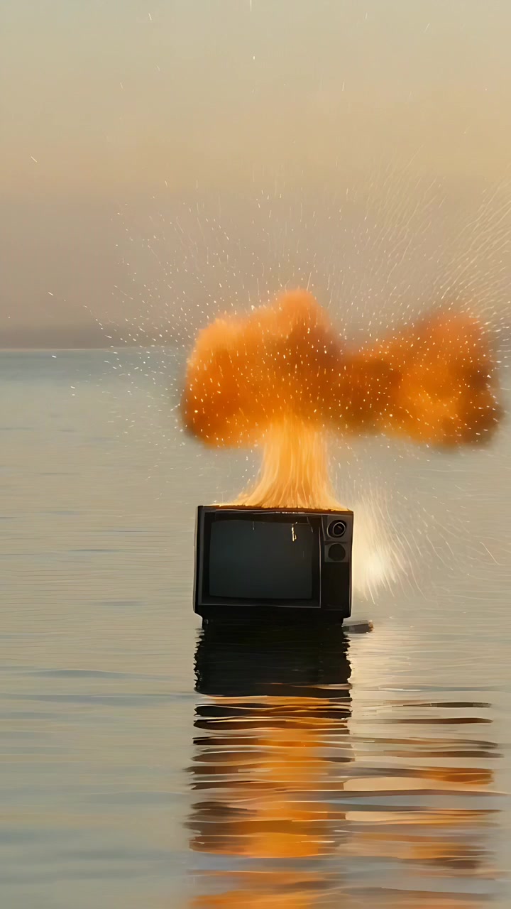 Vertikales Video: Spritzendes Wasser trifft Vintage-Röhrenfernseher, entzündet orange Flammen und Rauch über dem Meer bei Sonnenuntergang.