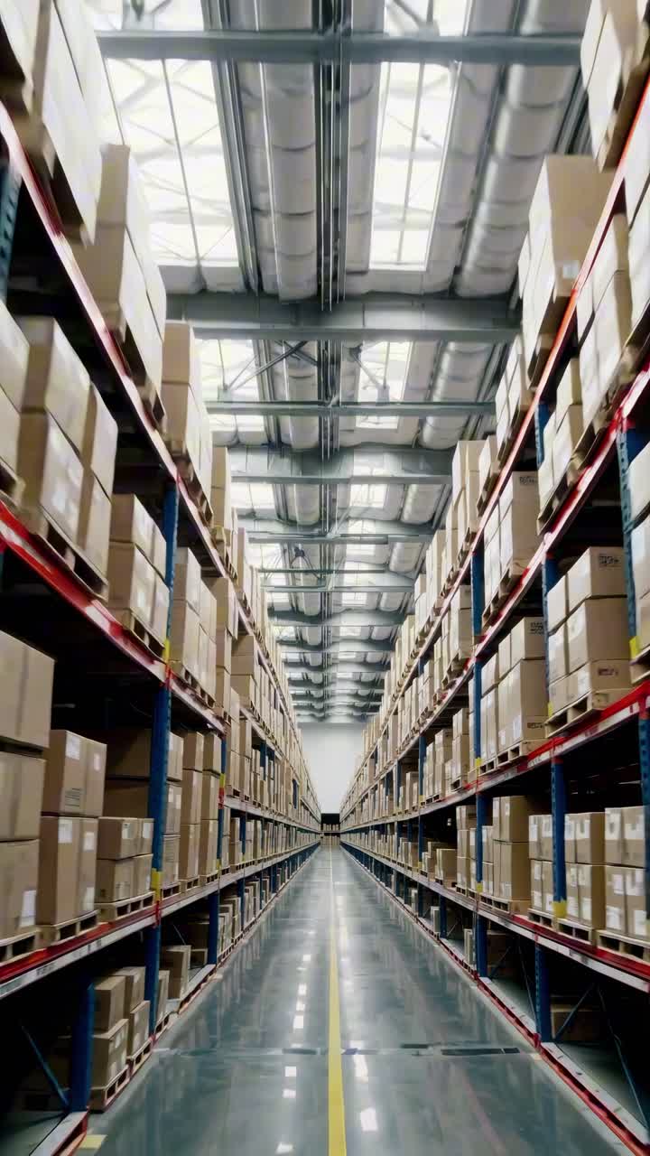 Toma de gran angular de un amplio pasillo de almacén con imponentes estanterías de cajas, creando una simetría.