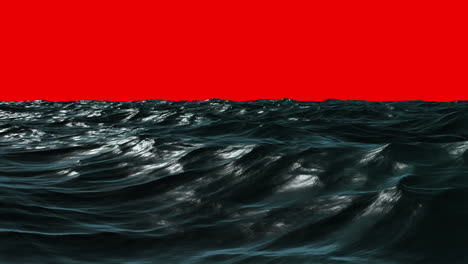 choppy blue ocean under red screen sky