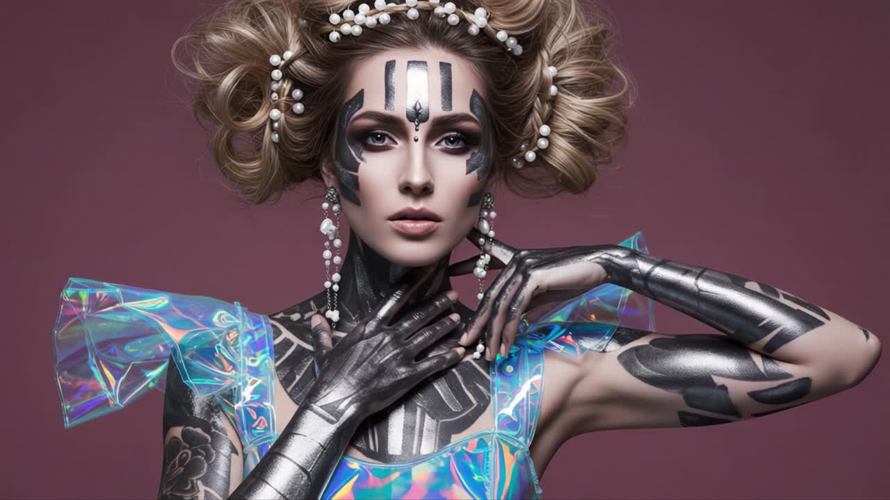 A Stunning Fusion of Beauty and Artistry: Portrait of a Model with Intricate Body Art and Futuristic Accessories in a Colorful Setting