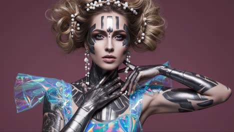a stunning fusion of beauty and artistry: portrait of a model with intricate body art and futuristic accessories in a colorful setting