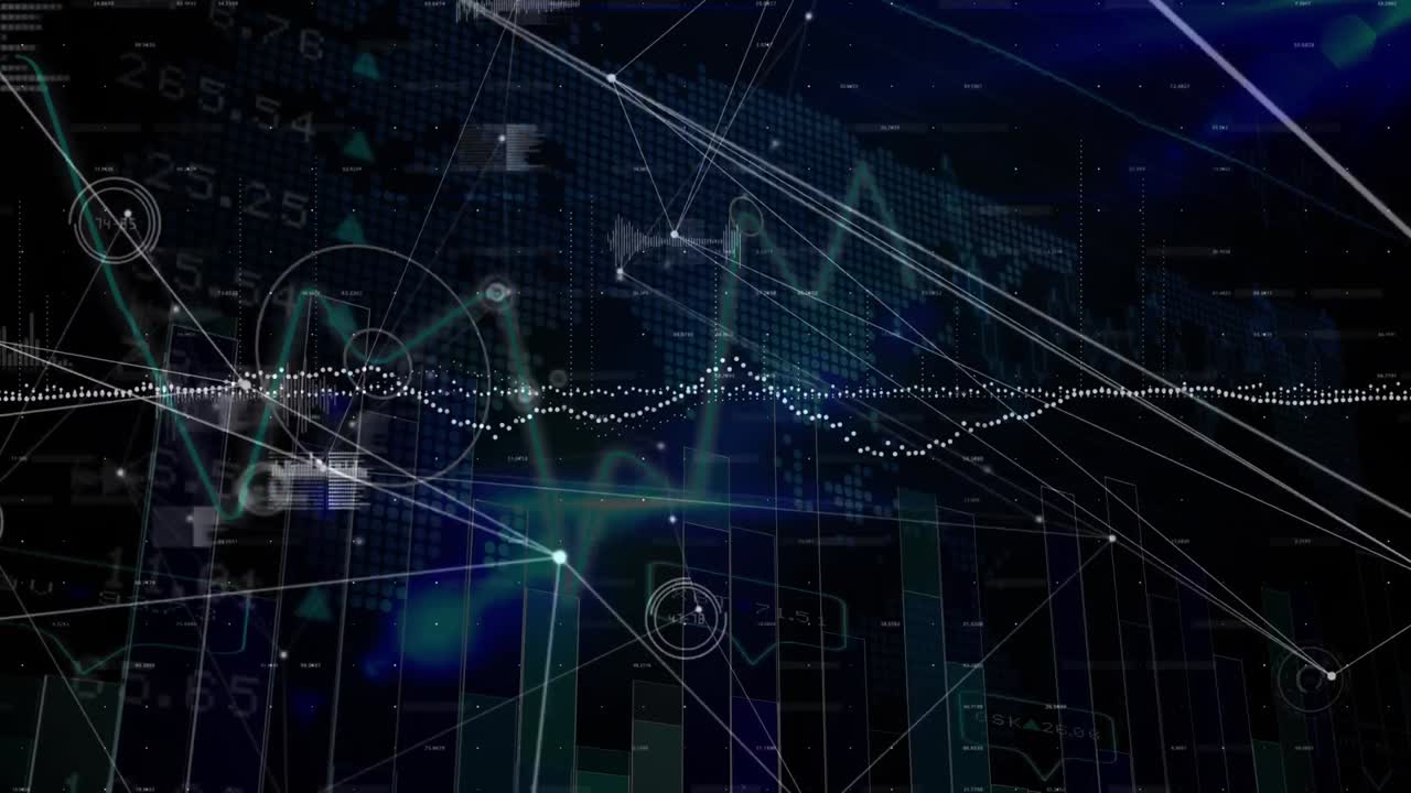 Animation of network of connections and data processing over dark background