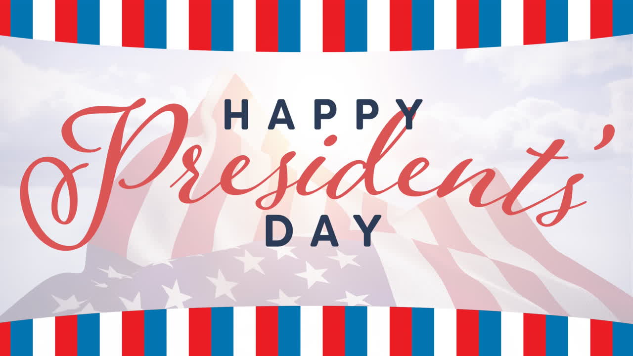 미국 국기 위에 빨간색과 파란색 줄무 ⁇ 가 있는 행복한 대통령의 날 텍스트의 애니메이션
