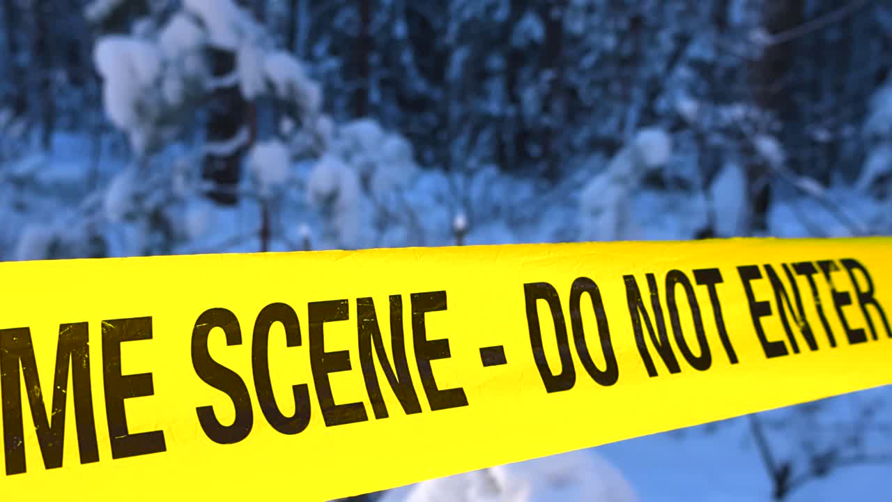 Close up glide along backlit focused crime scene tape, snow covered thick dim woodland with winter snowy dark trees backdrop blur into shallow depth. Cold mysterious police investigation atmosphere