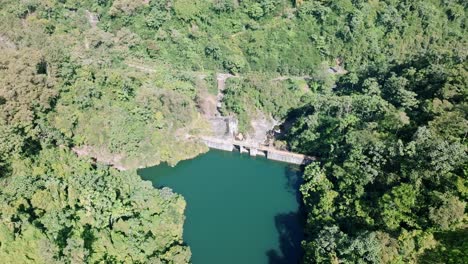 Aerial-orbit-water-reservoir-Presa-de-Tireo,-Bonao,-Dominican-Republic