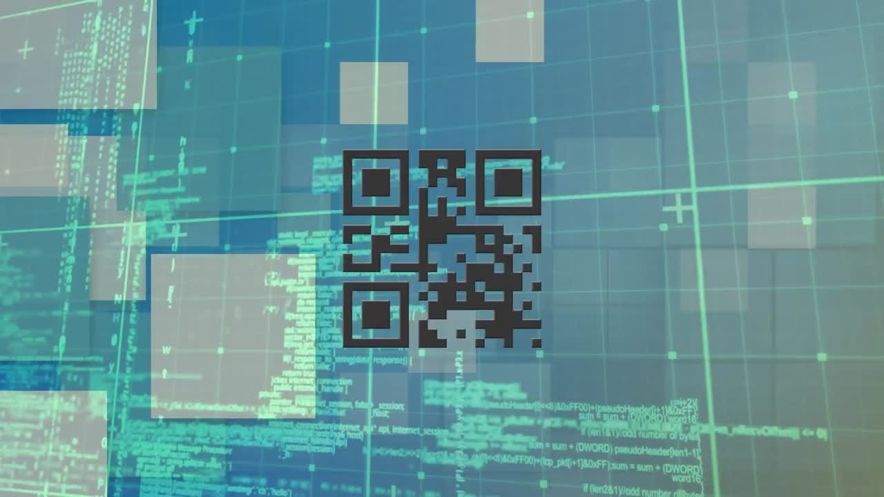 animación del escáner de código qr de neón y procesamiento de datos contra formas cuadradas sobre fondo azul