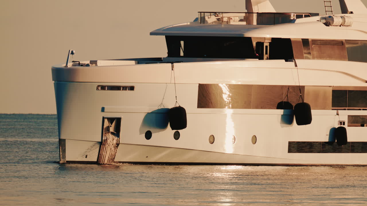 Vista laterale di un moderno yacht di lusso che solca le acque calme del mare con un faro in lontananza