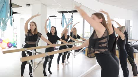 a diverse group of enthusiastic women engaged in a vibrant ballet fitness class held in a bright a diverse group of enthusiastic women engaged in a vibrant ballet fitness class held in a bright studio space