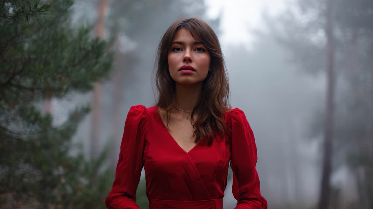 Una giovane donna affascinante in abito rosso si erge in mezzo a una misteriosa foresta nebbiosa, evocando emozioni di curiosità e intrigo nella cornice serena della natura selvaggia.
