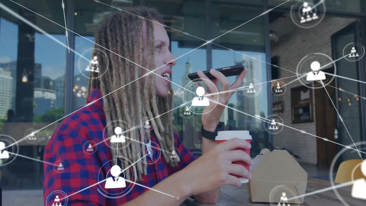 Using smartphone voice command, child with dreadlocks interacting with network icons