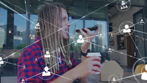 using smartphone voice command, child with dreadlocks interacting with network icons