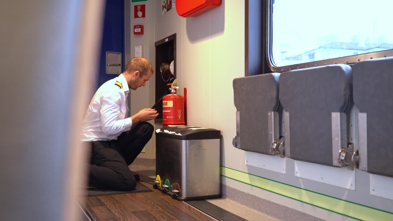 capitán inspeccionando el extintor de incendios portátil a bordo del barco de pasajeros - clip estático de ángulo bajo detrás de la esquina borrosa en primer plano del marco izquierdo