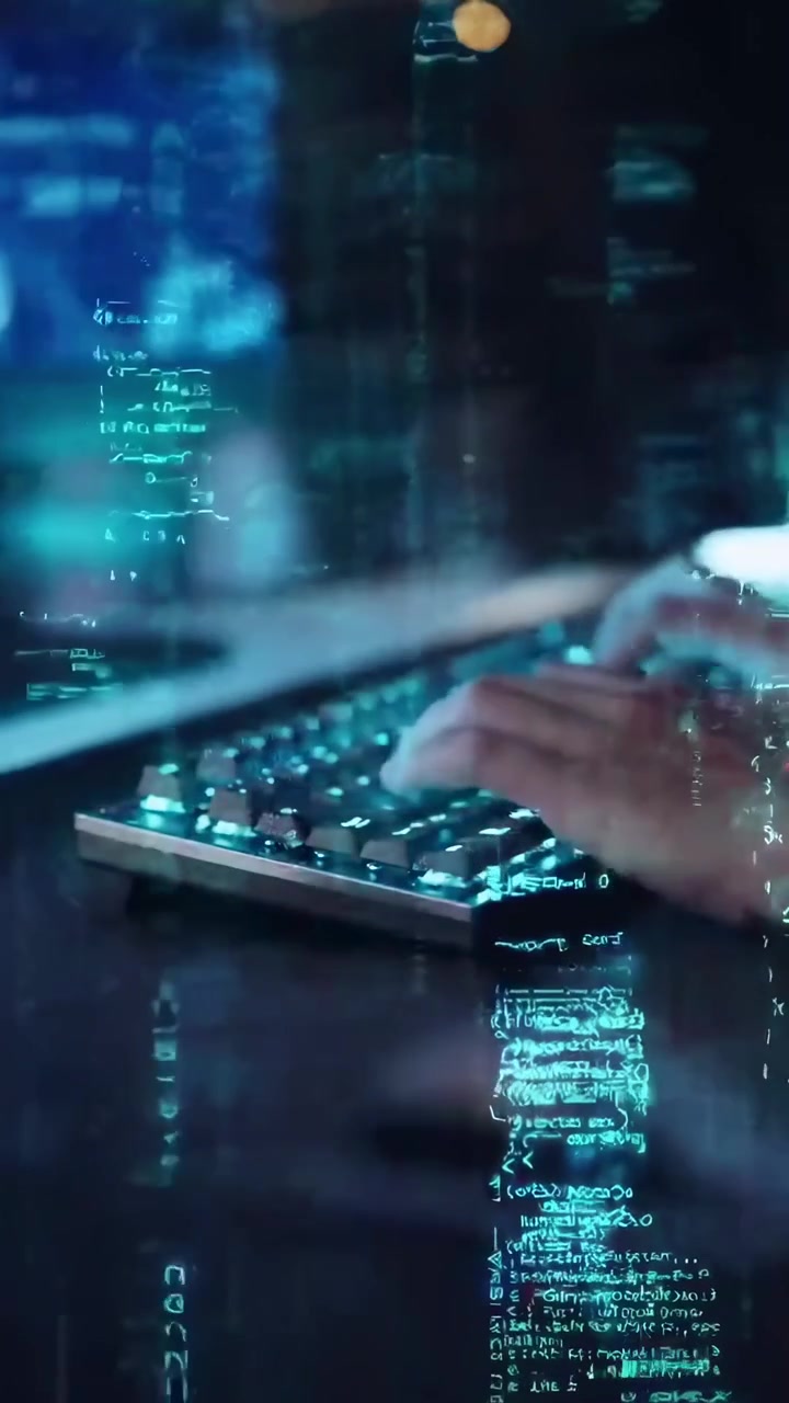 Hands Typing on Keyboard with Digital Code Overlay