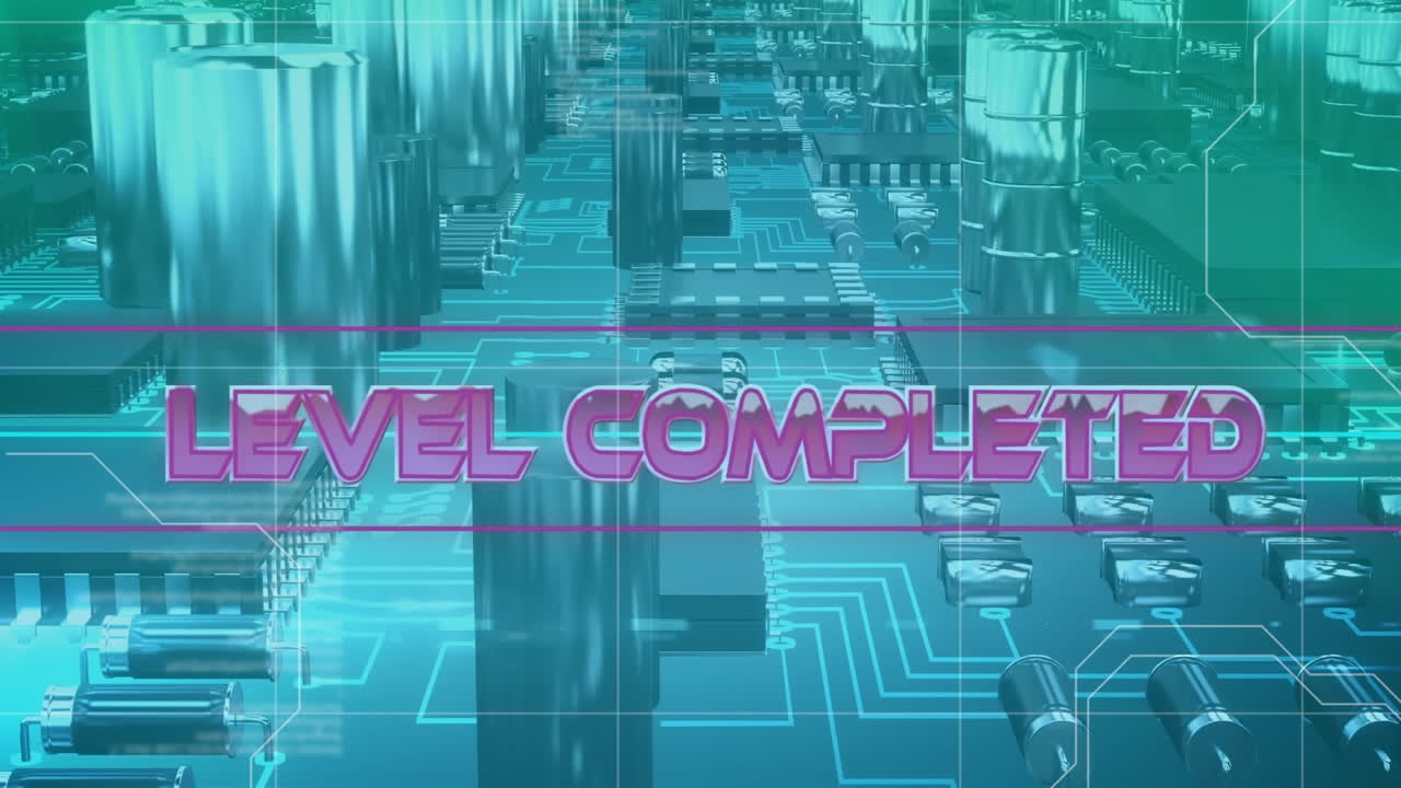 회로판의 클로즈업에 대한 레벨 완료 텍스트 배너의 애니메이션