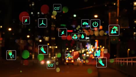 animation of icon in squares over moving vehicles on street in city and lens flares