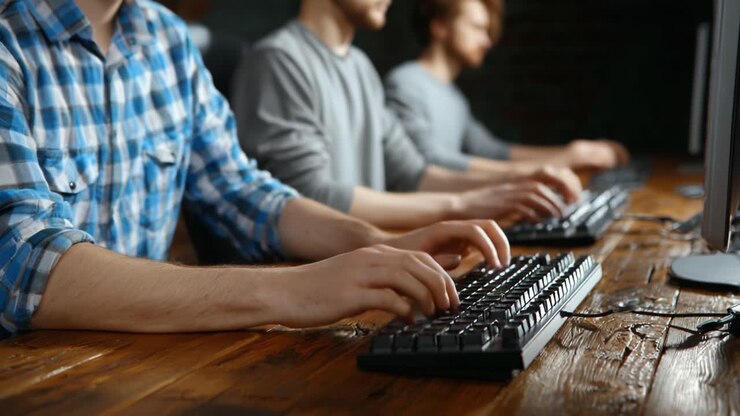 Focused Collaboration: Individuals Engaged in Coding and Typing Tasks at Workstation Desks Featuring Computer Keyboards in a Modern Workspace