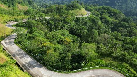 scenic landscape view of lush, tropical rainforest with winding roads along the mountainside