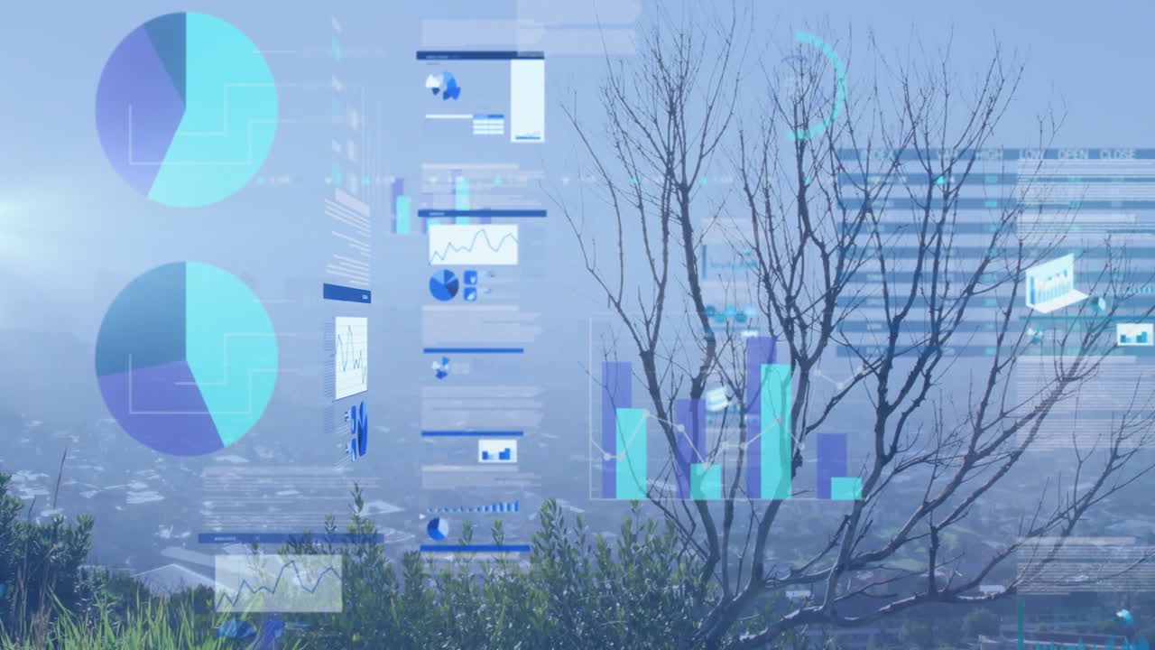 Hillside scene featuring transparent data charts overlaying hazy skyline with shrubs, bare branches
